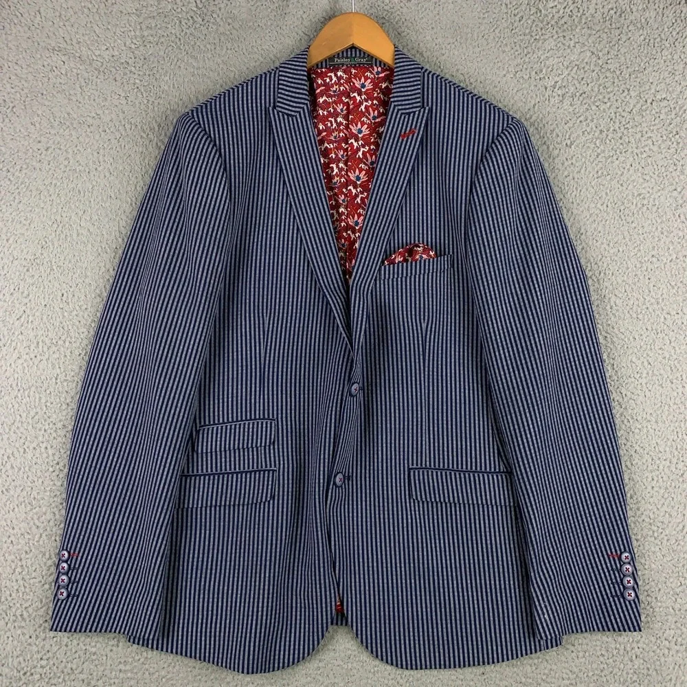 Paisley & Gray Slim Fit Suit Men's 42R Blue White Striped Blazer Pants Set 33x32